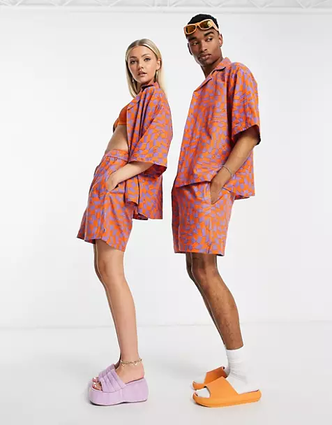 unisex checkerboard palm print beach shirt & shorts
